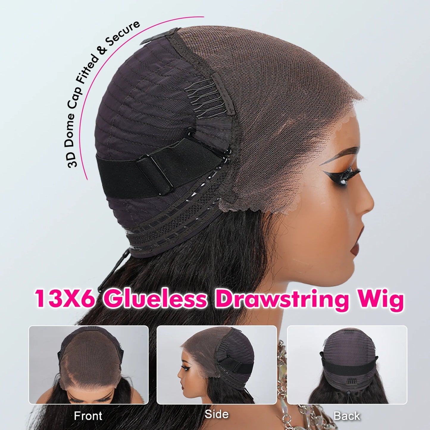Glueless Drawstring Wig 13×6 HD Lace 24 Inch 250% Density – Invisible Knots Pre Bleached Pre Plucked Pre Cut – Out Box Ready Human Hair Wig