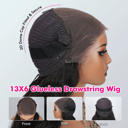 Glueless Drawstring Wig 13×6 HD Lace 24 Inch 250% Density – Invisible Knots Pre Bleached Pre Plucked Pre Cut – Out Box Ready Human Hair Wig